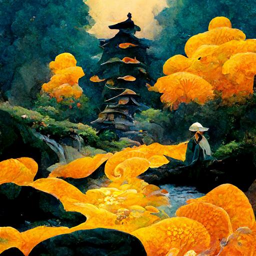 a pointy hat anime mage surrounded by seven glowing golden Koi fish on an epic hillside landscape sweeping anime style