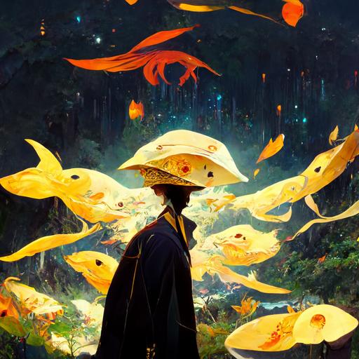 a pointy hat anime mage surrounded by seven glowing golden Koi fish on an epic hillside landscape sweeping anime style