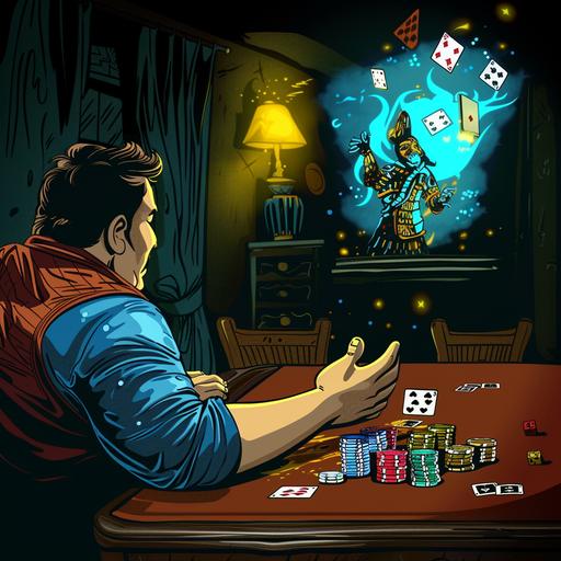 a poker player, human person, sitting at a texas hold'em poker table, with chips and flop, turn and river cards on the table. He is asking a question to the genie of the lamp, in cartoon form, blue like the sky, big, UHD details. The genie appears from the lamp, also in cartoon form, in yellow-gold colors, UHD details --v 6.0