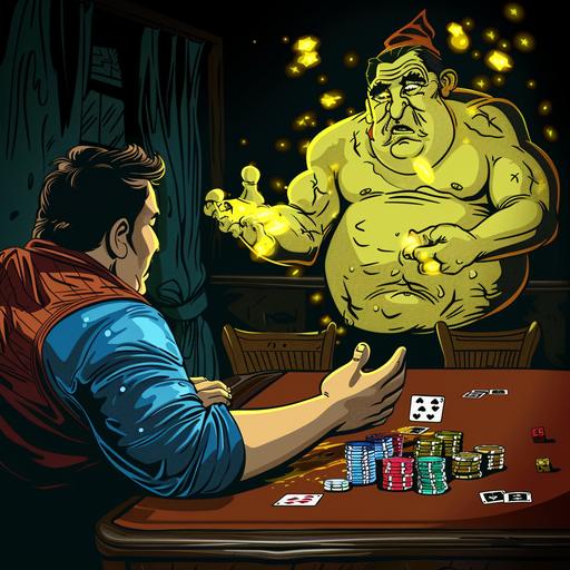 a poker player, human person, sitting at a texas hold'em poker table, with chips and flop, turn and river cards on the table. He is asking a question to the genie of the lamp, in cartoon form, blue, big, fat, UHD details. The genie appears from the lamp, also in cartoon form, in yellow-gold colors, UHD details
