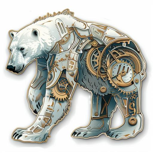 a polar bear for a sticker design with steampunk elements, mechanical gears, bronze and copper hues, white background vintage tech archaeopteryx, clear cut edges