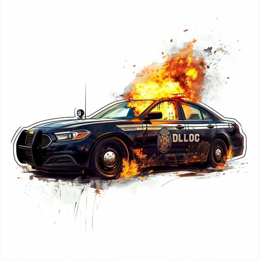 a police car in flames, illustration, sticker --v 6.0