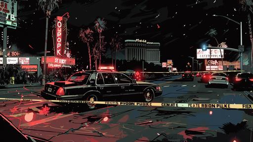 a police scene on the road in Las Vegas with a black car, police crossing tape, police cars at night in the late 90s in the style of rough sketched art, pops of muted color, cinematic storyboard, comic book noir --ar 16:9 --v 6.0