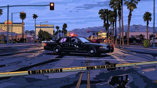 a police scene on the road in Las Vegas with a black car, police crossing tape, police cars in the late 90s in the style of rough sketched art, pops of muted color, cinematic storyboard, comic book noir --ar 16:9 --v 6.0