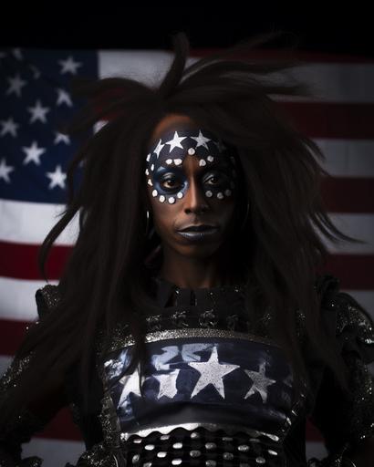 a political poster featuring A black metal drag queen running for US president would likely have a look that is both dramatic and political. They might wear a black metal band t-shirt or hoodie with a campaign slogan on it, or they might wear a custom-made outfit that incorporates elements of both black metal and American political imagery. Their makeup would still be heavy and dramatic, but it might also include elements that are meant to convey strength, power, and determination. Their hair would still be styled in a long, flowing mane, but it might also be pulled back into a tight bun or ponytail. Here are some specific elements that might be included in a black metal drag queen's look if they were running for US president: *