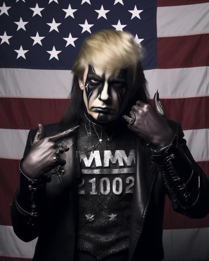 a political poster featuring A black metal drag queen running for US president would likely have a look that is both dramatic and political. They might wear a black metal band t-shirt or hoodie with a campaign slogan on it, or they might wear a custom-made outfit that incorporates elements of both black metal and American political imagery. Their makeup would still be heavy and dramatic, but it might also include elements that are meant to convey strength, power, and determination. Their hair would still be styled in a long, flowing mane, but it might also be pulled back into a tight bun or ponytail. Here are some specific elements that might be included in a black metal drag queen's look if they were running for US president: *