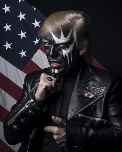 a political poster featuring Donald Trump as A black metal drag queen running for US president would likely have a look that is both dramatic and political. They might wear a black metal band t-shirt or hoodie with a campaign slogan on it, or they might wear a custom-made outfit that incorporates elements of both black metal and American political imagery. Their makeup would still be heavy and dramatic, but it might also include elements that are meant to convey strength, power, and determination. Their hair would still be styled in a long, flowing mane, but it might also be pulled back into a tight bun or ponytail. Here are some specific elements that might be included in a black metal drag queen's look if they were running for US president: *