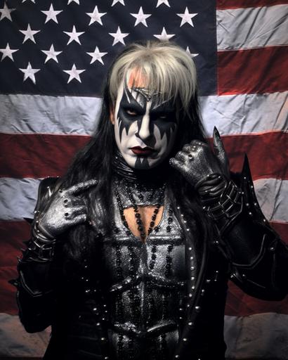 a political poster featuring Donald Trump as A black metal drag queen running for US president would likely have a look that is both dramatic and political. They might wear a black metal band t-shirt or hoodie with a campaign slogan on it, or they might wear a custom-made outfit that incorporates elements of both black metal and American political imagery. Their makeup would still be heavy and dramatic, but it might also include elements that are meant to convey strength, power, and determination. Their hair would still be styled in a long, flowing mane, but it might also be pulled back into a tight bun or ponytail. Here are some specific elements that might be included in a black metal drag queen's look if they were running for US president: *