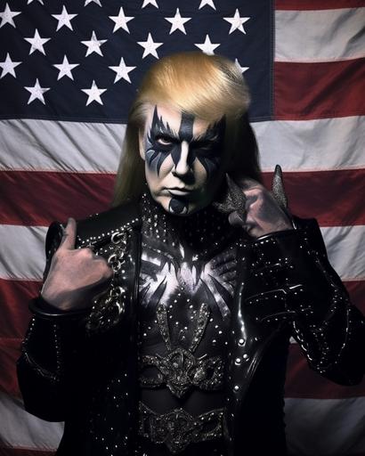 a political poster featuring Donald Trump as A black metal drag queen running for US president would likely have a look that is both dramatic and political. They might wear a black metal band t-shirt or hoodie with a campaign slogan on it, or they might wear a custom-made outfit that incorporates elements of both black metal and American political imagery. Their makeup would still be heavy and dramatic, but it might also include elements that are meant to convey strength, power, and determination. Their hair would still be styled in a long, flowing mane, but it might also be pulled back into a tight bun or ponytail. Here are some specific elements that might be included in a black metal drag queen's look if they were running for US president: *