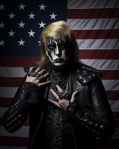 a political poster featuring Donald Trump as A black metal drag queen running for US president would likely have a look that is both dramatic and political. They might wear a black metal band t-shirt or hoodie with a campaign slogan on it, or they might wear a custom-made outfit that incorporates elements of both black metal and American political imagery. Their makeup would still be heavy and dramatic, but it might also include elements that are meant to convey strength, power, and determination. Their hair would still be styled in a long, flowing mane, but it might also be pulled back into a tight bun or ponytail. Here are some specific elements that might be included in a black metal drag queen's look if they were running for US president: *