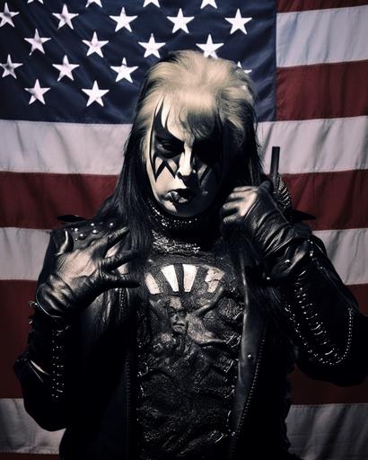 a political poster featuring Donald Trump as A black metal drag queen running for US president would likely have a look that is both dramatic and political. They might wear a black metal band t-shirt or hoodie with a campaign slogan on it, or they might wear a custom-made outfit that incorporates elements of both black metal and American political imagery. Their makeup would still be heavy and dramatic, but it might also include elements that are meant to convey strength, power, and determination. Their hair would still be styled in a long, flowing mane, but it might also be pulled back into a tight bun or ponytail. Here are some specific elements that might be included in a black metal drag queen's look if they were running for US president: *