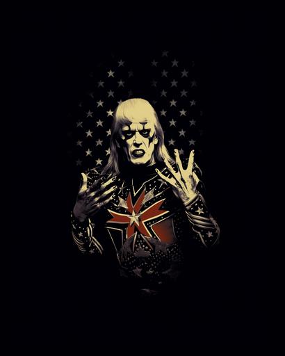 a political poster featuring Goldust/Dustin Rhodes/Dustin Runnels as A black metal drag queen running for US president would likely have a look that is both dramatic and political. They might wear a black metal band t-shirt or hoodie with a campaign slogan on it, or they might wear a custom-made outfit that incorporates elements of both black metal and American political imagery. Their makeup would still be heavy and dramatic, but it might also include elements that are meant to convey strength, power, and determination. Their hair would still be styled in a long, flowing mane, but it might also be pulled back into a tight bun or ponytail. Here are some specific elements that might be included in a black metal drag queen's look if they were running for US president: *