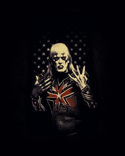 a political poster featuring Goldust/Dustin Rhodes/Dustin Runnels as A black metal drag queen running for US president would likely have a look that is both dramatic and political. They might wear a black metal band t-shirt or hoodie with a campaign slogan on it, or they might wear a custom-made outfit that incorporates elements of both black metal and American political imagery. Their makeup would still be heavy and dramatic, but it might also include elements that are meant to convey strength, power, and determination. Their hair would still be styled in a long, flowing mane, but it might also be pulled back into a tight bun or ponytail. Here are some specific elements that might be included in a black metal drag queen's look if they were running for US president: *