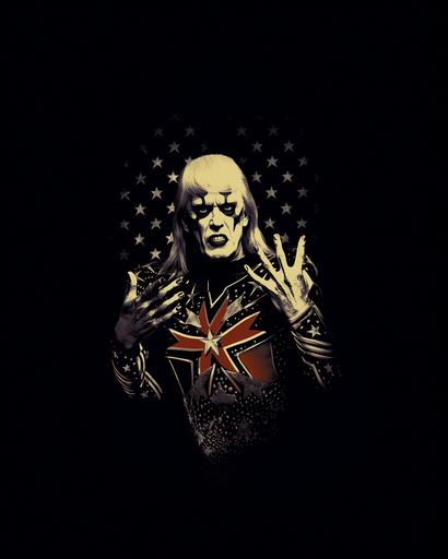 a political poster featuring Goldust/Dustin Rhodes/Dustin Runnels as A black metal drag queen running for US president would likely have a look that is both dramatic and political. They might wear a black metal band t-shirt or hoodie with a campaign slogan on it, or they might wear a custom-made outfit that incorporates elements of both black metal and American political imagery. Their makeup would still be heavy and dramatic, but it might also include elements that are meant to convey strength, power, and determination. Their hair would still be styled in a long, flowing mane, but it might also be pulled back into a tight bun or ponytail. Here are some specific elements that might be included in a black metal drag queen's look if they were running for US president: *