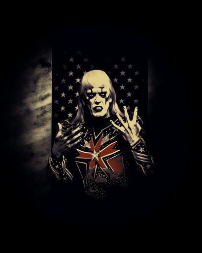 a political poster featuring Goldust/Dustin Rhodes/Dustin Runnels as A black metal drag queen running for US president would likely have a look that is both dramatic and political. They might wear a black metal band t-shirt or hoodie with a campaign slogan on it, or they might wear a custom-made outfit that incorporates elements of both black metal and American political imagery. Their makeup would still be heavy and dramatic, but it might also include elements that are meant to convey strength, power, and determination. Their hair would still be styled in a long, flowing mane, but it might also be pulled back into a tight bun or ponytail. Here are some specific elements that might be included in a black metal drag queen's look if they were running for US president: *