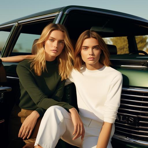 a polo Ralph Lauren women model with blonde long hair sitting on a vintage dark green car, the model is wearing white sweatshirt. Next to the car is standing another model with brown hair and blue eyes wearing a black t shirt and a long skirt, and leaning against the car