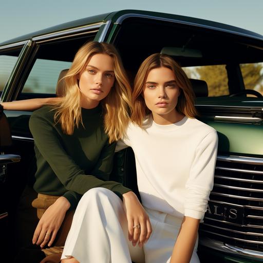 a polo Ralph Lauren women model with blonde long hair sitting on a vintage dark green car, the model is wearing white sweatshirt. Next to the car is standing another model with brown hair and blue eyes wearing a black t shirt and a long skirt, and leaning against the car