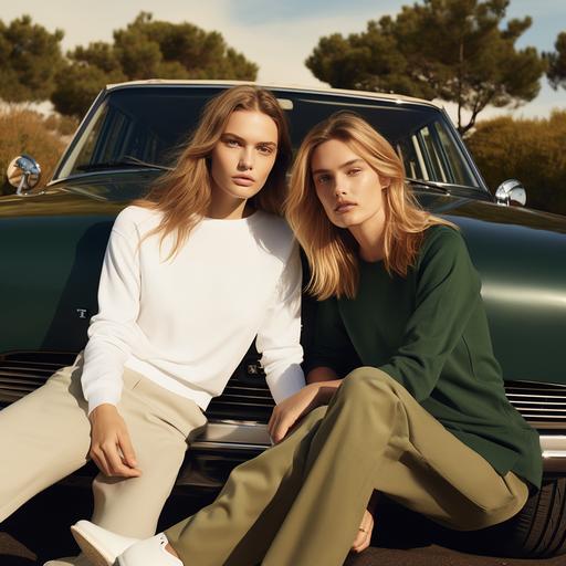 a polo Ralph Lauren women model with blonde long hair sitting on a vintage dark green car, the model is wearing white sweatshirt. Next to the car is standing another model with brown hair and blue eyes wearing a black t shirt and a long skirt, and leaning against the car