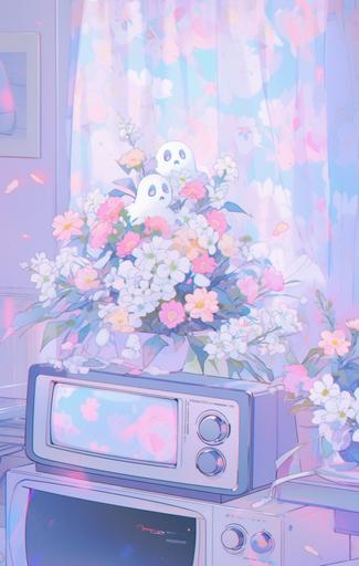 a poltergeist wearing white cloth posing with flowers, in the style of kawaii aesthetic, humor meets heart, album covers, anime aesthetic, charles ginner, colorful animation stills, post-painterly --ar 81:128 --niji 5
