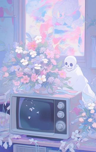 a poltergeist wearing white cloth posing with flowers, in the style of kawaii aesthetic, humor meets heart, album covers, anime aesthetic, charles ginner, colorful animation stills, post-painterly --ar 81:128 --niji 5
