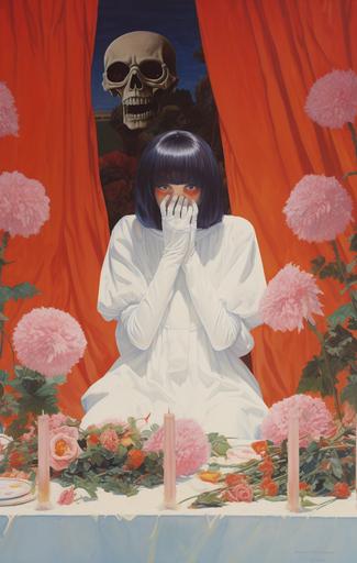 a poltergeist wearing white cloth posing with flowers, in the style of kawaii aesthetic, humor meets heart, album covers, anime aesthetic, charles ginner, colorful animation stills, post-painterly --ar 81:128