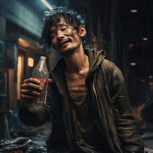 a poor man in dirty cloths feeling happy with his bottle of alcohol on the street in the night. Asian looks, hyper realistic