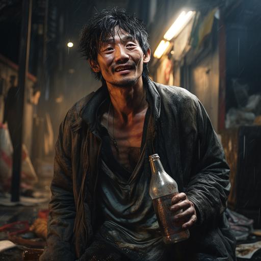 a poor man in dirty cloths feeling happy with his bottle of alcohol on the street in the night. Asian looks, hyper realistic