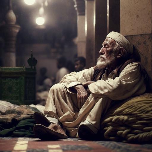 a poor old man sleeping in the Masjid Nabawi in Medina, at night, with the 80s' vibes, cenimatic