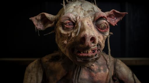 a porkchop mannequin, vintage pig, rotted, putrid, horror, stinky, creepy, weird, odd, unnatural lighting --ar 16:9