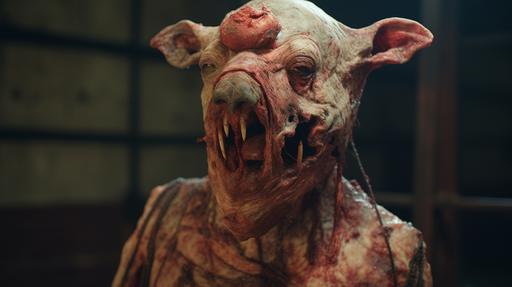 a porkchop mannequin, vintage pig, rotted, putrid, horror, stinky, creepy, weird, odd, unnatural lighting --ar 16:9