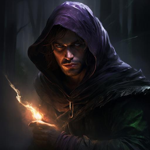 a portaitof a Dark and dangerous elven man with shaggy features and birght shining purple eyes. He is wearing a dirty loose knit hood that is dark green and tattered. He is lit by moonlight and holding a beaten iron dagger. There is fog and smoke behind him.