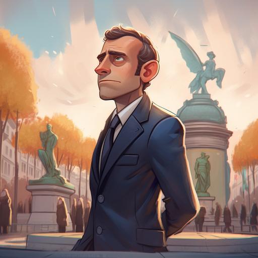 a portrait of Emmanuel macron on Place de la République in Paris, cartoon, Pixar style --v 5