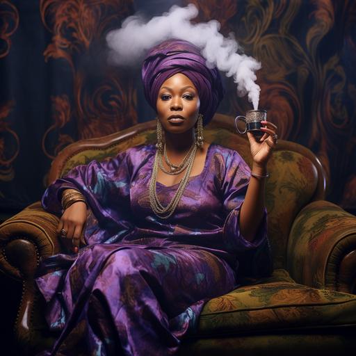 a portrait of a Liberian women smoking a hookah on a plush purple couch. 166k 220mm high-quality realistic resolution definition