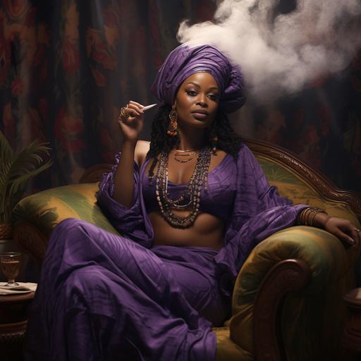 a portrait of a Liberian women smoking a hookah on a plush purple couch. 166k 220mm high-quality realistic resolution definition