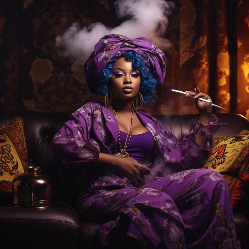 a portrait of a Liberian women smoking a hookah on a plush purple couch. 166k 220mm high-quality realistic resolution definition