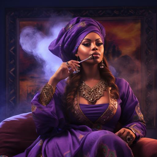 a portrait of a Liberian women smoking a hookah on a plush purple couch. 166k 220mm high-quality realistic resolution definition