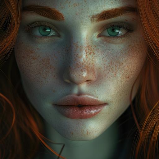 a portrait of a beautiful pale oval face woman with a small upturned nose, long auburn, large turquoise omen shaped eyes, hyperrealistic, super detailed, dramatic lighting, ultra photorealistic, 8K --v 6.0