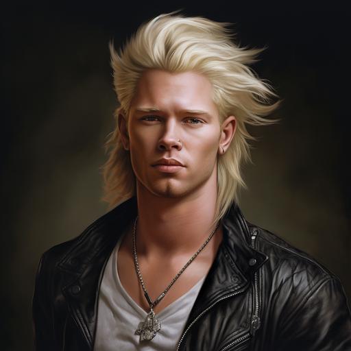 a portrait of a blond man, rock and roll hair style,realistic, full hight resolution