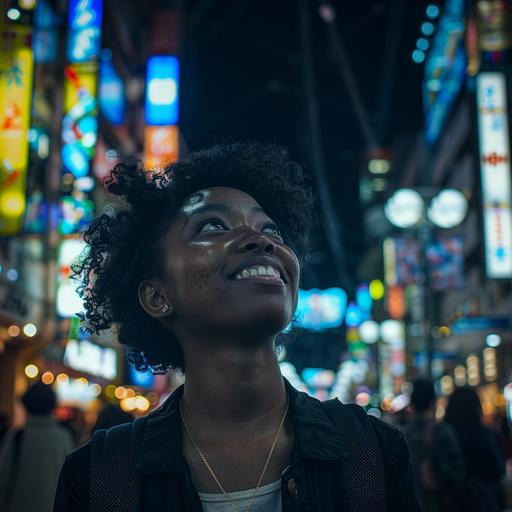a portrait of a happy young black woman in Tokyo at night looking up in awe