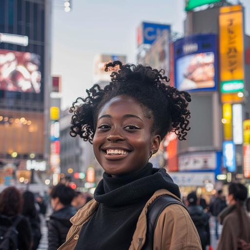 a portrait of a happy young black woman in shibuya crossing looking at camera