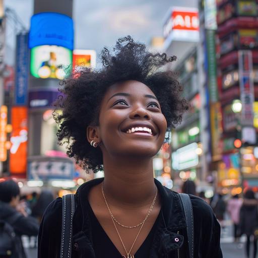 a portrait of a happy young black woman in shibuya crossing staring in awe