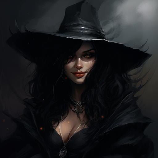 a portrait of a very attractive dark witch, evil smile, white eyes, dark, fantasy, fan art