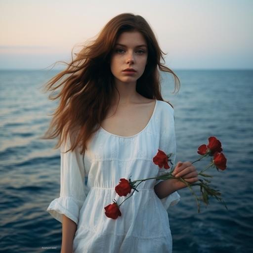 a portrait of a woman standing in front of the blue sea in the evening girl is wearing a white summer dress with red flowers and has long brown hair blue color palette photography details ratio 4 5