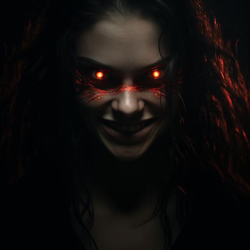 a portrait of a woman with a huge evil grin, evil smile, front view, in the dark, devil smile, digital art --v 5.2