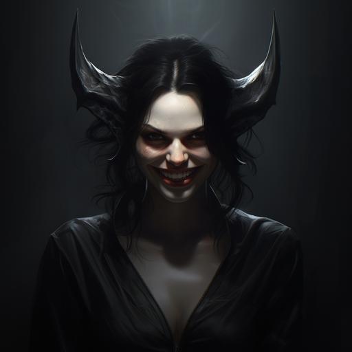 a portrait of a woman with a huge evil grin, evil smile, front view, in the dark, devil smile, digital art --v 5.2