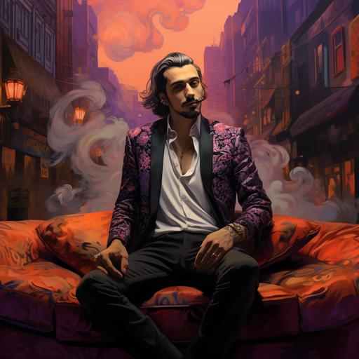 a portrait of this man:  smoking a hookah on a plush purple couch. 166k 220mm high-quality realistic resolution definition.