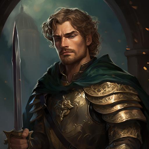 a portrat of a handsome nobleman in his late twenties with an intense facial expression with furrowed eyebrows, he has blonde braided hair, blue eyes, and he has a goatee. wearing a fur cloak and carrying a greatsword in front of a battlefield. He is from medieval times. Art style of magic the gathering. He is wearing dark green plate armor.