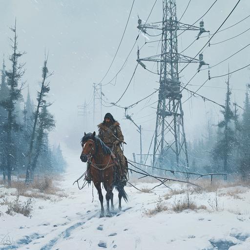 a post-apo native american trapper with a horse, portrait, in the blizzard by jakub rozalski and Audrey Kawasaki, remains of electric pylons --v 6.0