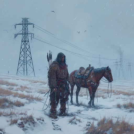 a post-apo native american trapper with a horse, portrait, in the blizzard by jakub rozalski and Audrey Kawasaki, remains of electric pylons --v 6.0