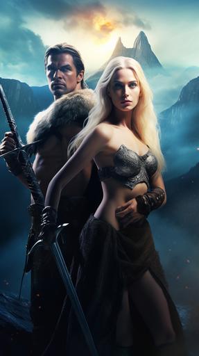 a poster for a fantasy movie, a battle scarred knight is standing in a threathening pose, his sword drawn, next to him a beautiful sexy blonde woman is holding a spear, she is wearing a low cut fur top that embraces her perfect figure, at the background there rises a mountainous landscape, the sky is luminant with a soft but eerie light, cinematic highly detailed photograph, --ar 9:16 --v 5